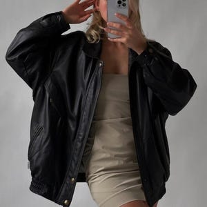 Women Classic black Leather Bomber jacket, Oversized Straight Cut Sheep Leather Jacket. Ladies Leather jacket, Ladies Soft leather jacket