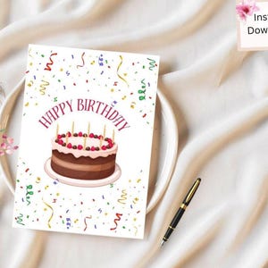 Cartão de bolo de aniversário para impressão, download instantâneo, tamanho: 5x7, arquivo PDF