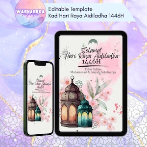 Cartão editável de Eid al-Adha de <br> Entrega Rápida? Kad Raya Aidiladha Digital | Modelo Canva para impressão | Cartão Islâmico Qurban 2025