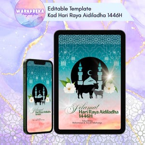 Cartão editável de Eid al-Adha de <br> Entrega Rápida? Kad Raya Aidiladha Digital | Modelo Canva para impressão | Cartão Islâmico Qurban 2025