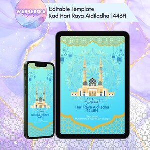 Cartão editável de Eid al-Adha de <br> Entrega Rápida? Kad Raya Aidiladha Digital | Modelo Canva para impressão | Cartão Islâmico Qurban 2025