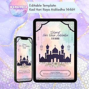 Cartão editável de Eid al-Adha de <br> Entrega Rápida? Kad Raya Aidiladha Digital | Modelo Canva para impressão | Cartão Islâmico Qurban 2025