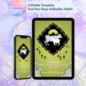 Cartão editável de Eid al-Adha de <br> Entrega Rápida? Kad Raya Aidiladha Digital | Modelo Canva para impressão | Cartão Islâmico Qurban 2025
