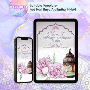 Cartão editável de Eid al-Adha de <br> Entrega Rápida? Kad Raya Aidiladha Digital | Modelo Canva para impressão | Cartão Islâmico Qurban 2025