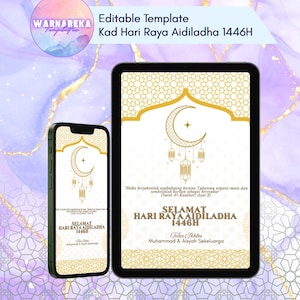Cartão editável de Eid al-Adha de <br> Entrega Rápida? Kad Raya Aidiladha Digital | Modelo Canva para impressão | Cartão Islâmico Qurban 2025