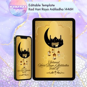 Cartão editável de Eid al-Adha de <br> Entrega Rápida? Kad Raya Aidiladha Digital | Modelo Canva para impressão | Cartão Islâmico Qurban 2025