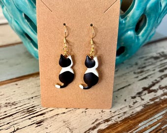 Tuxedo Cat Enamel Earrings: 18K Gold Plated Wires