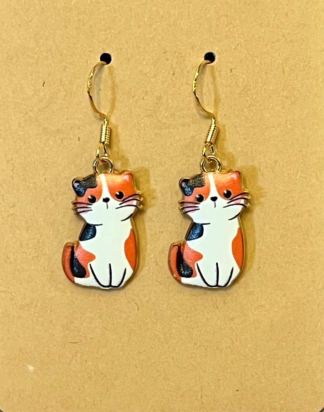 Calico Cat Dangle Earrings: 18K Gold Plated, Enamel - Etsy