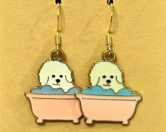Bubble Bath Dog Earrings: Enamel, 18K Gold Plated Wires