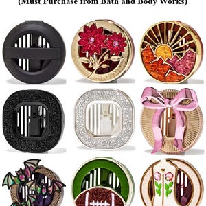May include: A selection of car fragrance holders with diverse patterns. The holders feature a black circular design, a gold and red floral design, a sunset scene, a black square design, a rhinestone design, a pink bow design, a bat design, a football design, and a cowboy boot design.