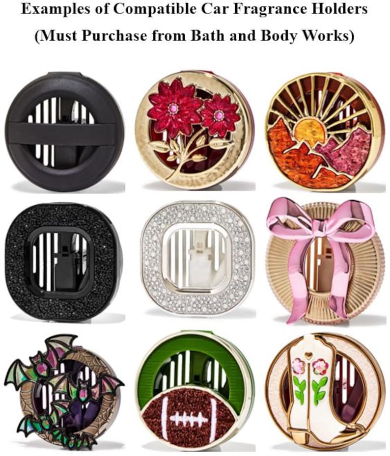 May include: A selection of car fragrance holders with diverse patterns. The holders feature a black circular design, a gold and red floral design, a sunset scene, a black square design, a rhinestone design, a pink bow design, a bat design, a football design, and a cowboy boot design.