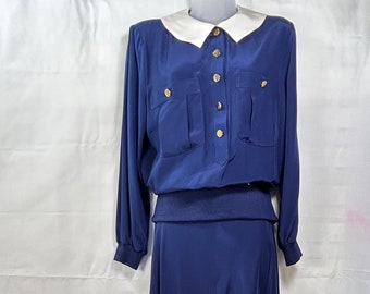 Vintage 1950s-60s Dress 2 piece Navy Blouson Hong Kong Silk Blend, Size 12