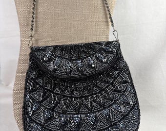 Vintage Y2K beaded bag, art deco retro style evening rhinestone studded, gunmetal chain