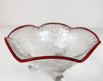 Antique pattern glass bowl Rare Red Enamel edge 6"  footed opalescent mottled lace pattern