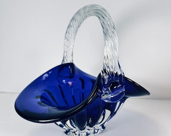 Cobalt blue glass basket, 6" high x 7" flair, 2.25" ripple clear base, twist clear handle candy dish, clarity, art hand formed