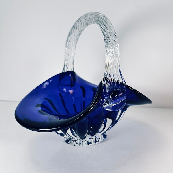 Cobalt blue glass basket, 6" high x 7" flair, 2.25" ripple clear base, twist clear handle candy dish, clarity, art hand formed