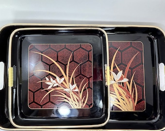 Black Lacquerware Trays, set 2 Toyo Japan, mid century serving decor