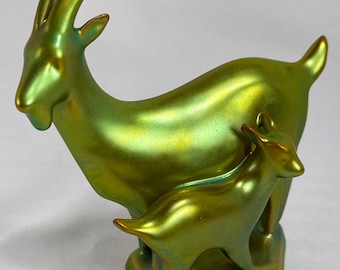 Zsolnay porcelain figurine Ibex Doe goat & kid Eosin glaze Vintage Hungary