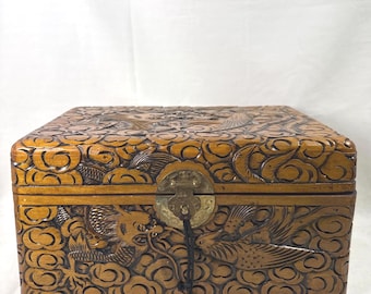 Vintage lockable box, solid wood carved dragon bird hinged lid, brass medallion