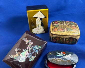 Choice: Vintage black lacquer boxes, choose from 4 - Japanese inlay jewelry cases, hand painted enamel trinket casket