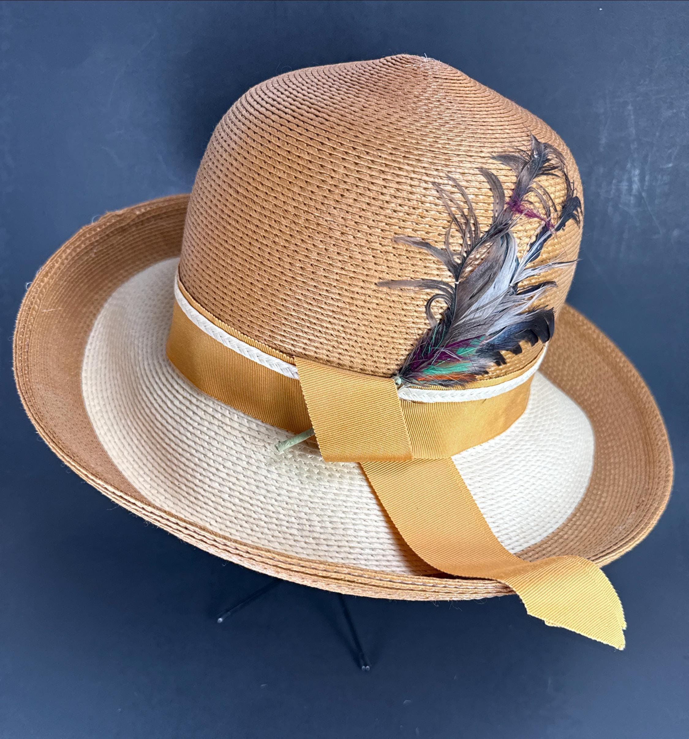 Vintage John Henry Panama Hat Tan Straw Hat with Colorful Band Multi-Color Straw Fedora/Trilby Vintage Hats for Women for  main image 2