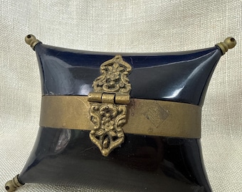 Vintage 1930s pillow purse, carved ox horn & brass, filigree clasp, blue velvet lining