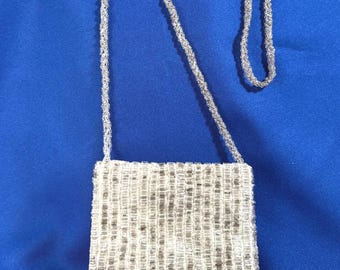 Vintage evening bag silver glass Beaded crossbody 48" necklace strap, Pierre Urbach wearable art