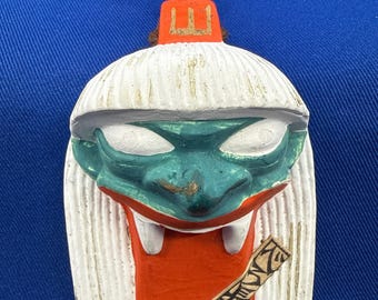 Japanese Dorei white clay bell vintage hand painted Tengu protection amulet