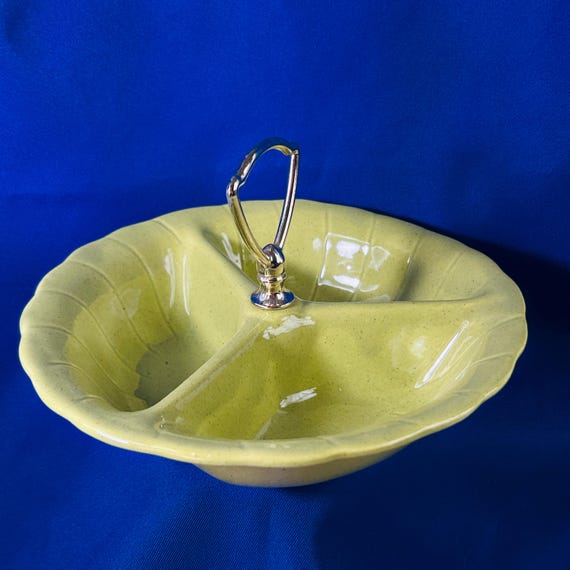Vintage 1960's ceramic divided nut dish Lane & Co. Van Nuys CA green apple color bowl with handle