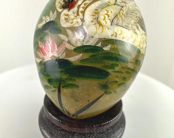 Vintage hand-painted Jade egg, mini 1.5" love story swans lotus pond, wood base