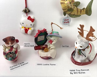 Vtg  Christmas Cat ornaments 5 total Hello Kitty, fishcat, 1995 Lustre Fame Will Bullas 1998 Reincat