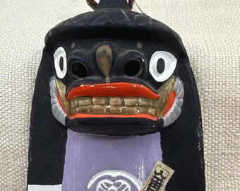 Guardian Oni Japanese Dorei black clay bell vintage hand painted Tsuchi set protection amulet