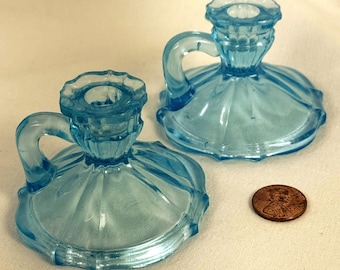 Mini Glass Candlestick pair, vanity set capri blue EAPG