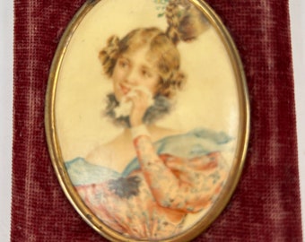 Antique  miniature portrait, color Lithograph velvet frame 3 x 3.5" Radin & Kamp of Fresno CA