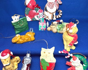 Vintage Christmas cat ornaments collection of 11 feline kitty figurines