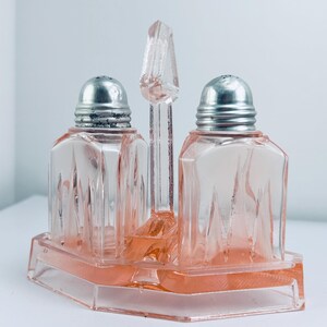 Pink Depression Glass Salt & Pepper Shakers W Caddy, Triangular ...