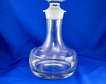 Danish glass decanter handcrafted in Romania, liquor wine carafe w/ stopper & label, 10.25"