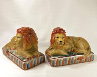 Antique ceramic lion pair Staffordshire English pottery 1800s