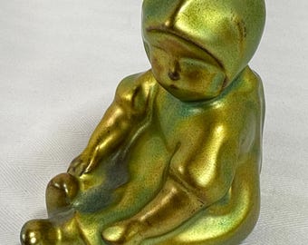 Zsolnay figurine Girl Eosin golden yellow green iridescent glaze Vtg porcelain Hungary circa 1926 Mint