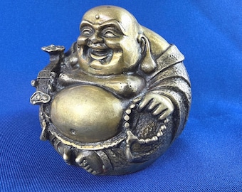 Vintage brass laughing Buddha, blessing bell inside, foundry stamp 3 inch