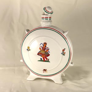 Vtg Hungarian folk art flask with stopper, Granit maker ceramic jar, porcelain jug, canteen style European MCM intnl collectible pottery