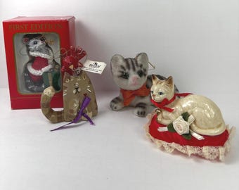 Vtg Christmas cat ornaments 4 total Kurt Adler kitties porcelain resin flocked