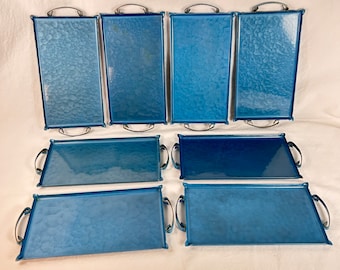 Kyes Moire Glaze trays soft blue hand wrought, set of 8 mini trays 6.75 x 3.75" plus handles, seal Kyes of Pasadena CA Hollywood Regent MCM