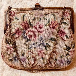 Antique purse petit point cloth handbag, wrist length chain handle, satin lining