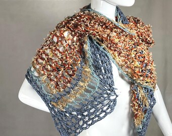 Crochet coastal cowgirl Scarf, denim earthy palette fiber art fashion artisan made