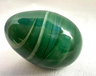 Vintage malachite style glass egg, murano style light translucent 2” L, hand crafted