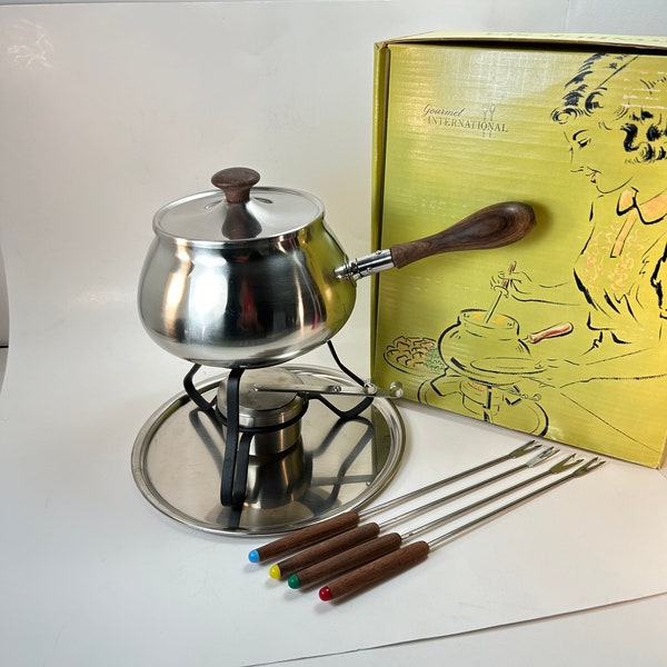 1970s Fondue Set Stainless complete with forks in original box Gourmet Intnl MCM entertaining party cheesy fun sterno pot All mint condition