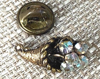 Vintage Cornucopia Lapel Pin, Aurora Borealis Rhinestones, Ballou Clutch (2 cm)