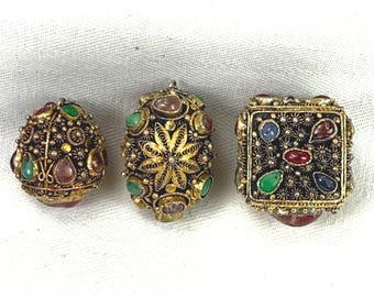 Vintage 3 beads set brass filigree pendant charms Czech style bezel set faux gems
