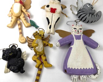 Vintage Christmas Cat Ornaments 6 Lot: Hand-Painted Angel Wing Feline Figurines
